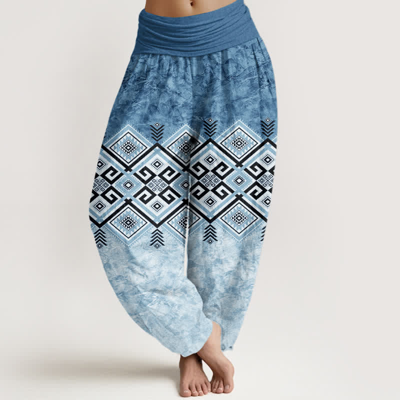 Buddha Stones Pantalon harem à taille élastique pour femme, en coton à motif géométrique tribal - SteelBlue - US16，UK/AU20，EU48 (3XL) - image 5
