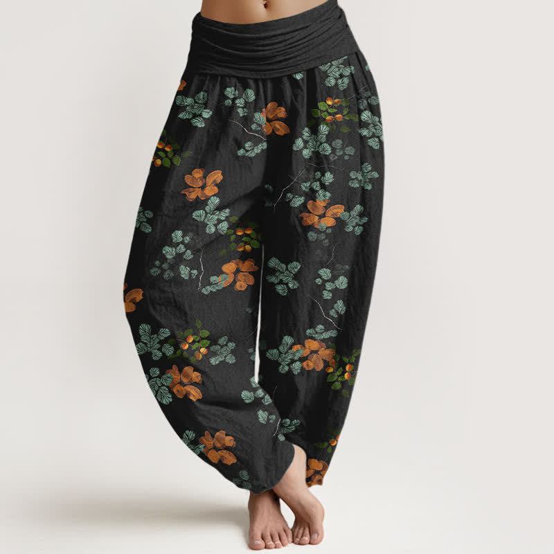 Buddha Stones Pantalon harem à taille élastique pour femme, en coton à motif de fleurs d'oranger et de feuilles de menthe - Noir - US16，UK/AU20，EU48 (3XL) - image 0