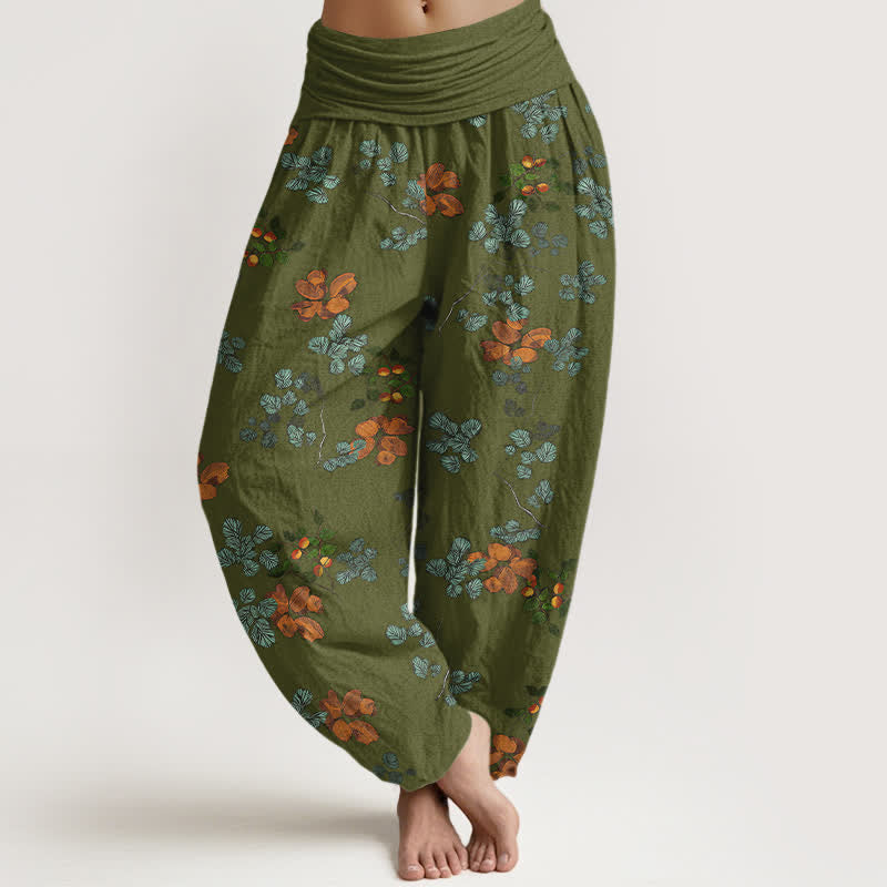 Buddha Stones Pantalon harem à taille élastique pour femme, en coton à motif de fleurs d'oranger et de feuilles de menthe - Vert olive - US16，UK/AU20，EU48 (3XL) - image 5
