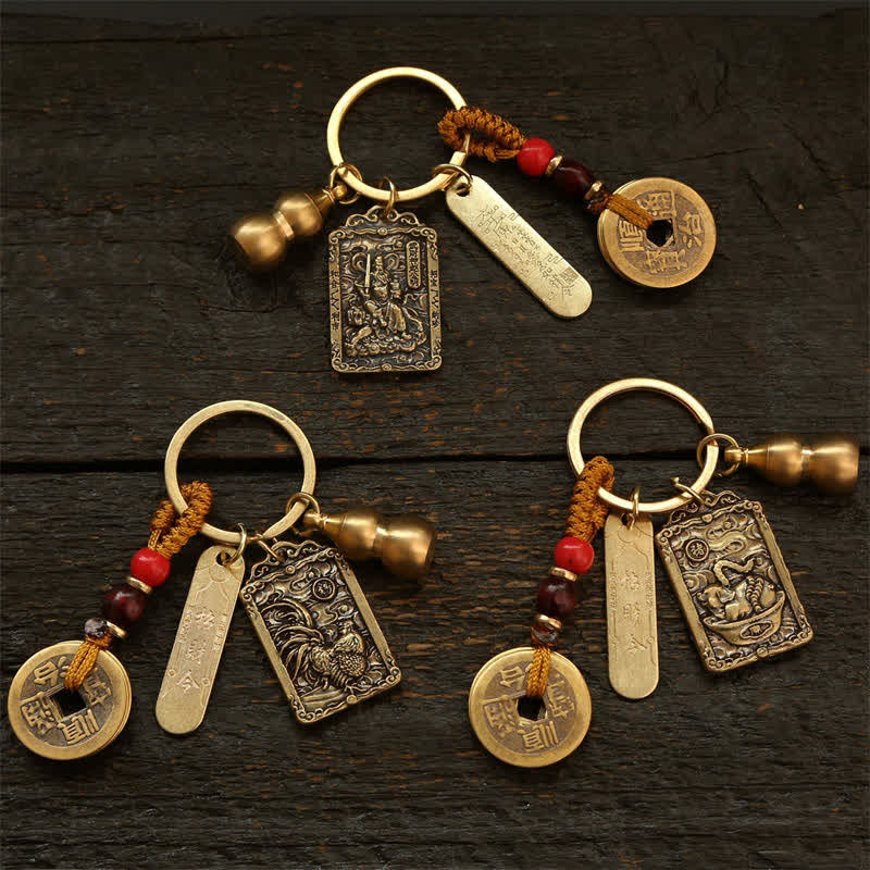 Buddha Stones Porte-clés de protection en forme de gourde, représentant les cinq empereurs du zodiaque chinois en cuivre - image 29