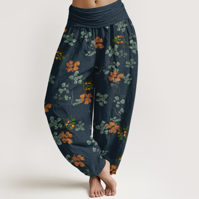 Buddha Stones Pantalon harem à taille élastique pour femme, en coton à motif de fleurs d'oranger et de feuilles de menthe - Marine - US16，UK/AU20，EU48 (3XL) - image 8
