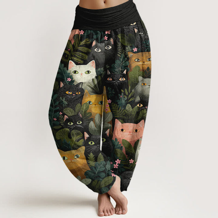 Buddha Stones Pantalon harem à taille élastique pour femme, en coton, motif chat et feuilles. - Noir - US16，UK/AU20，EU48 (3XL) - image 0