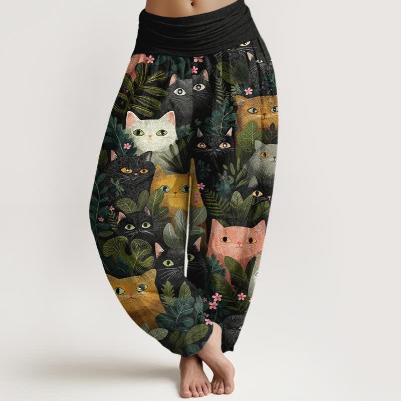 Buddha Stones Pantalon harem à taille élastique pour femme, en coton, motif chat et feuilles. - Noir - US16，UK/AU20，EU48 (3XL) - image 0