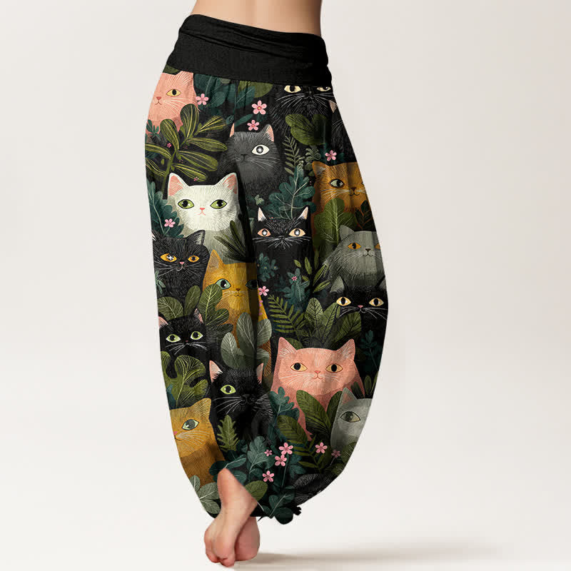 Buddha Stones Pantalon harem à taille élastique pour femme, en coton, motif chat et feuilles. - image 2