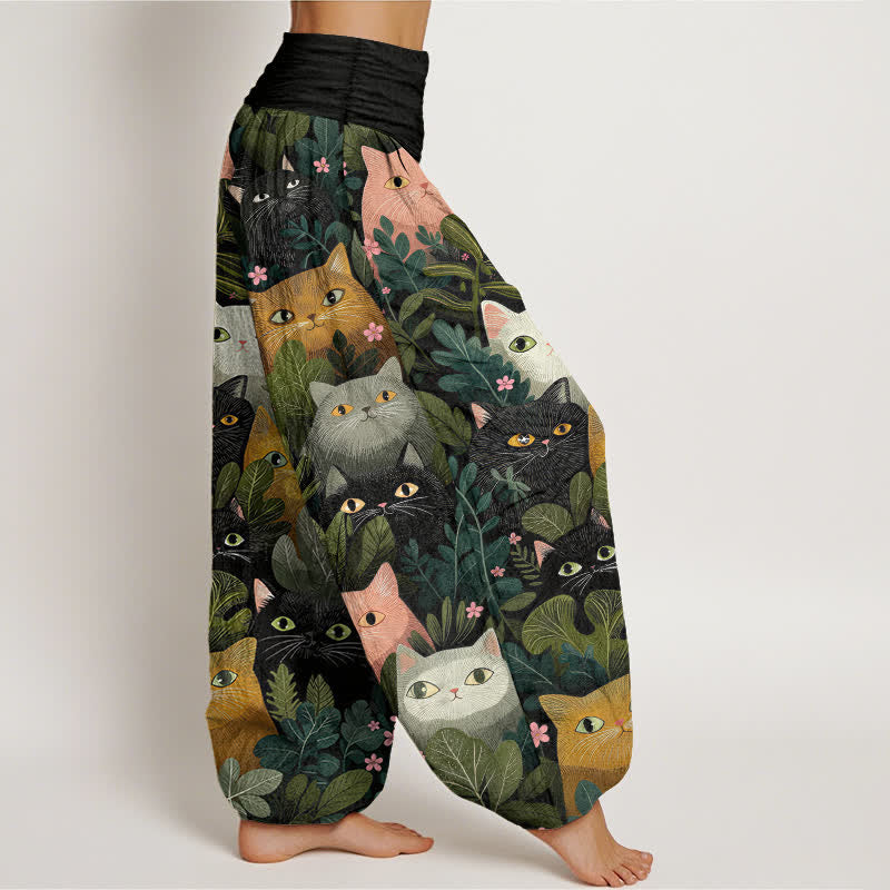 Buddha Stones Pantalon harem à taille élastique pour femme, en coton, motif chat et feuilles. - image 1