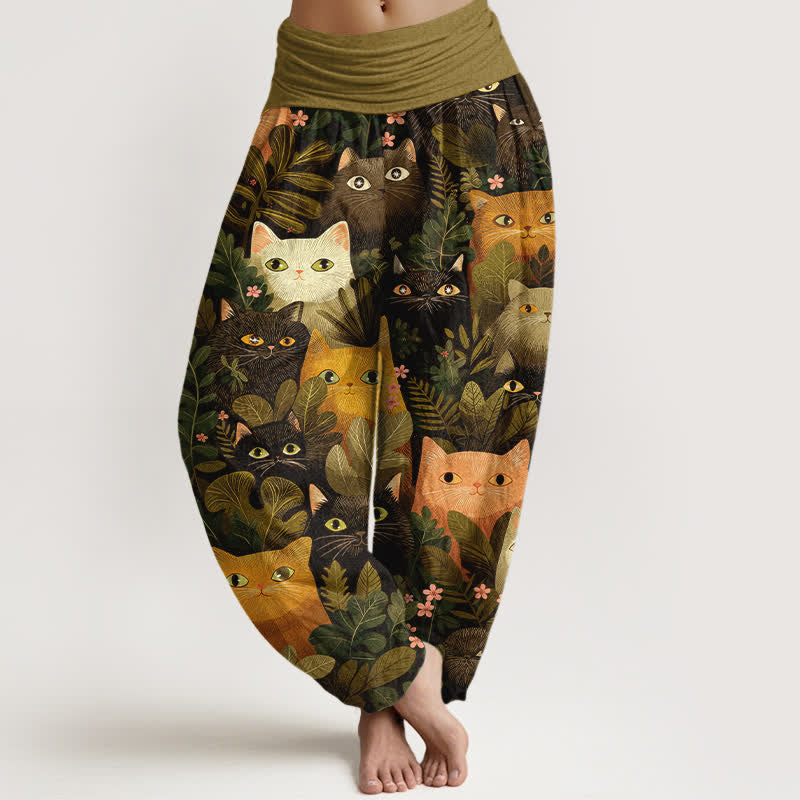 Buddha Stones Pantalon harem à taille élastique pour femme, en coton, motif chat et feuilles. - Olive - US16，UK/AU20，EU48 (3XL) - image 5