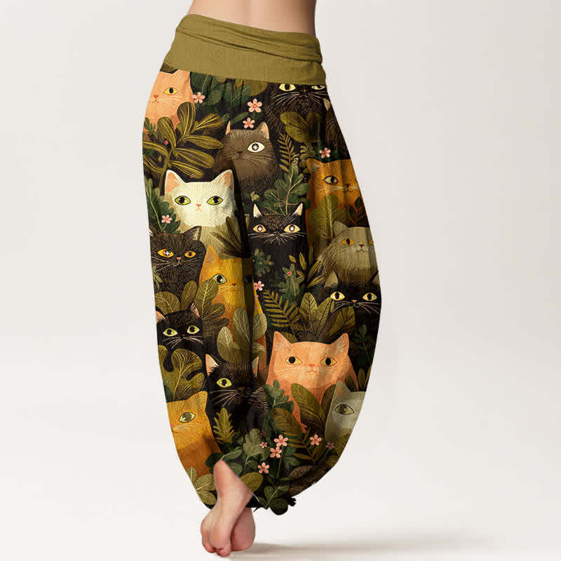 Buddha Stones Pantalon harem à taille élastique pour femme, en coton, motif chat et feuilles. - image 7