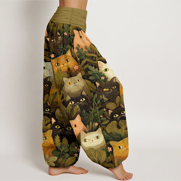 Buddha Stones Pantalon harem à taille élastique pour femme, en coton, motif chat et feuilles. - image 6
