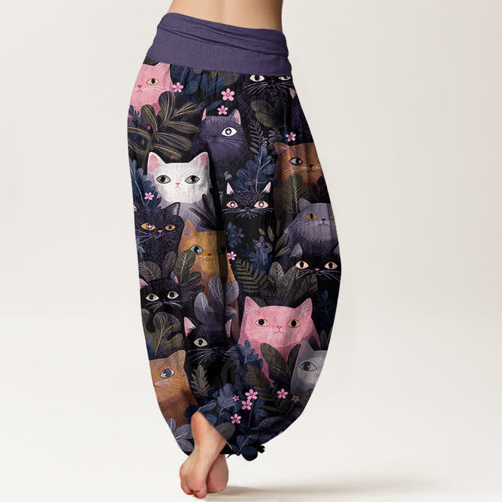 Buddha Stones Pantalon harem à taille élastique pour femme, en coton, motif chat et feuilles. - image 10