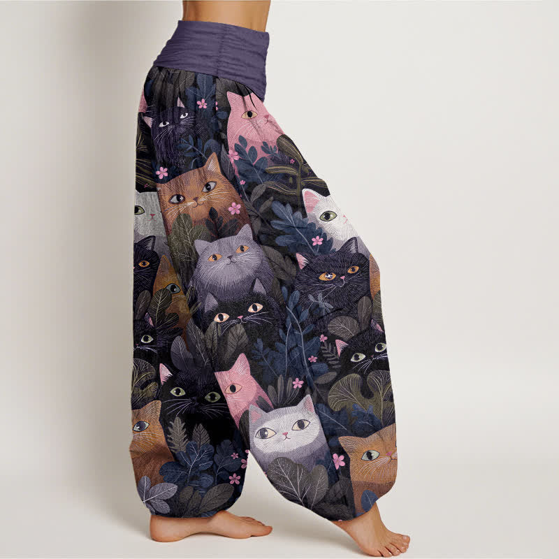 Buddha Stones Pantalon harem à taille élastique pour femme, en coton, motif chat et feuilles. - image 9