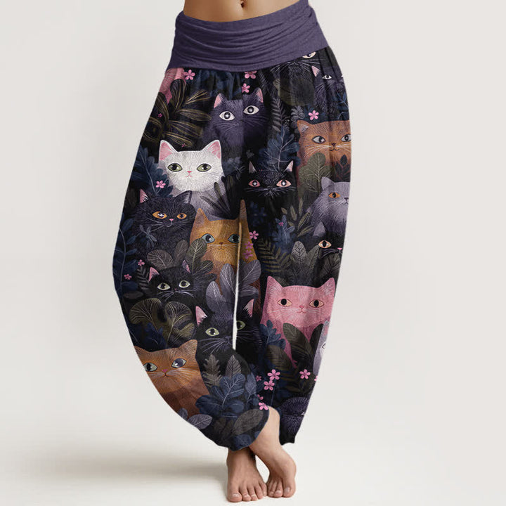 Buddha Stones Pantalon harem à taille élastique pour femme, en coton, motif chat et feuilles. - BleuViolet - US16，UK/AU20，EU48 (3XL) - image 8