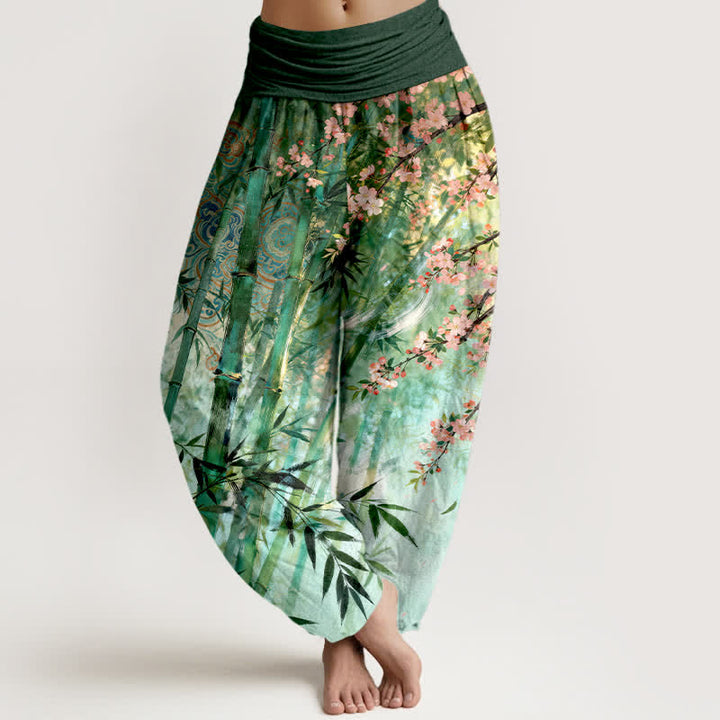 Buddha Stones Pantalon harem à taille élastique pour femme, en coton, bambou et motif fleurs de cerisier - Vert d'eau - US16，UK/AU20，EU48 (3XL) - image 0