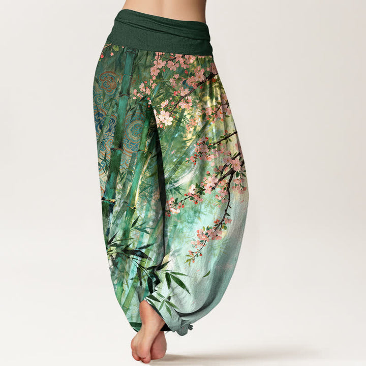 Buddha Stones Pantalon harem à taille élastique pour femme, en coton, bambou et motif fleurs de cerisier - image 2