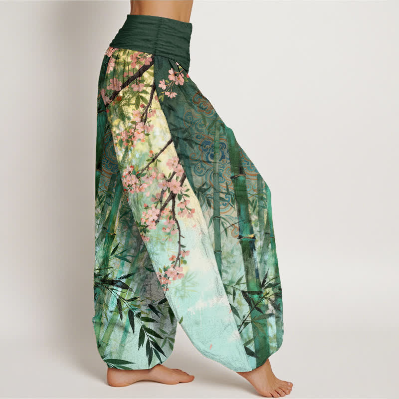 Buddha Stones Pantalon harem à taille élastique pour femme, en coton, bambou et motif fleurs de cerisier - image 1