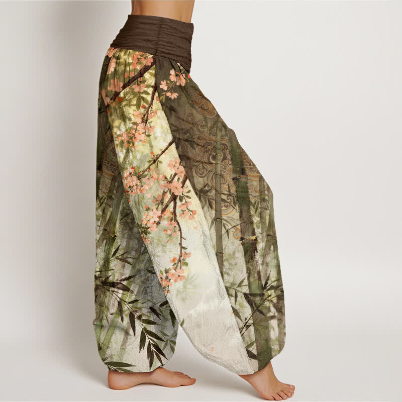 Buddha Stones Pantalon harem à taille élastique pour femme, en coton, bambou et motif fleurs de cerisier - image 6