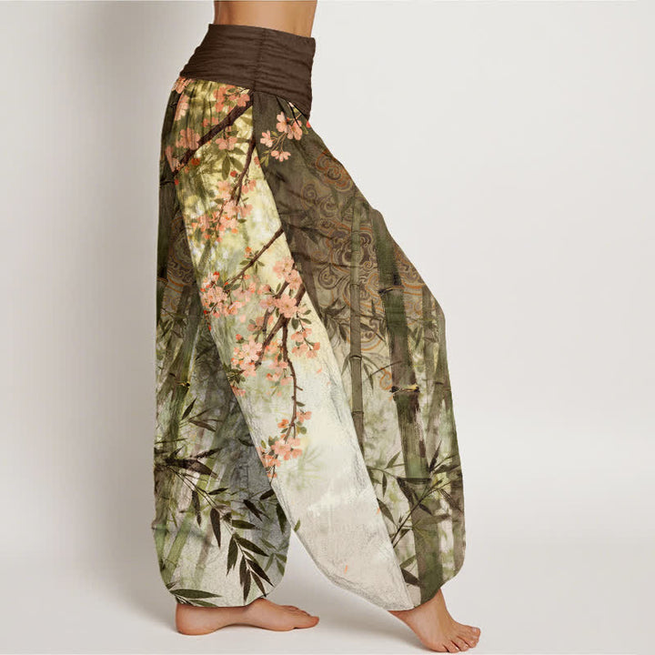 Buddha Stones Pantalon harem à taille élastique pour femme, en coton, bambou et motif fleurs de cerisier - image 6
