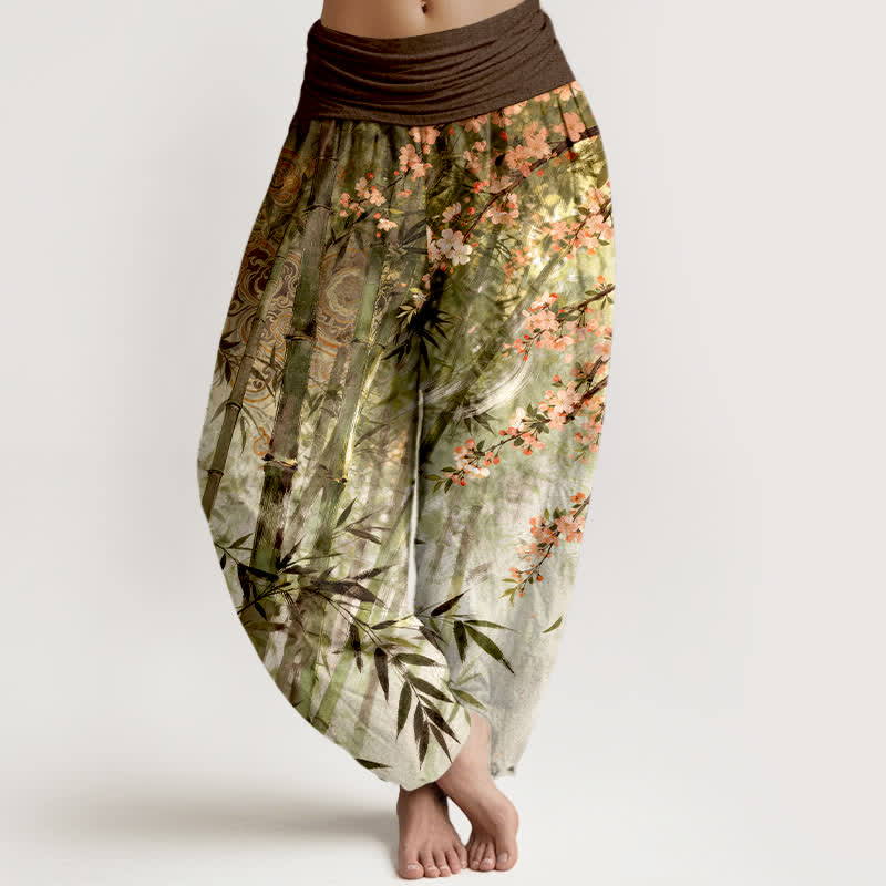 Buddha Stones Pantalon harem à taille élastique pour femme, en coton, bambou et motif fleurs de cerisier - Olive - US16，UK/AU20，EU48 (3XL) - image 5