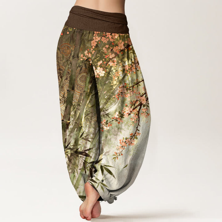 Buddha Stones Pantalon harem à taille élastique pour femme, en coton, bambou et motif fleurs de cerisier - image 7