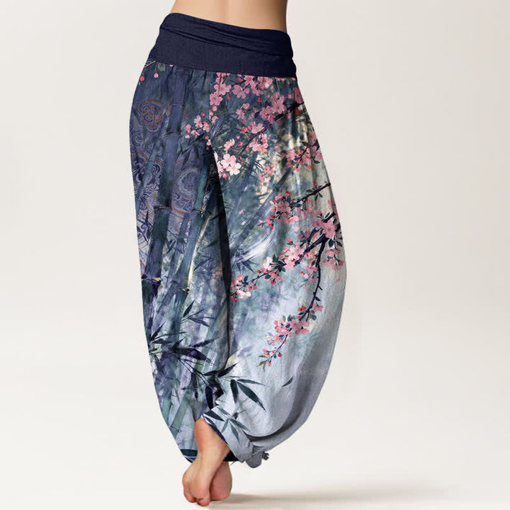 Buddha Stones Pantalon harem à taille élastique pour femme, en coton, bambou et motif fleurs de cerisier - image 10