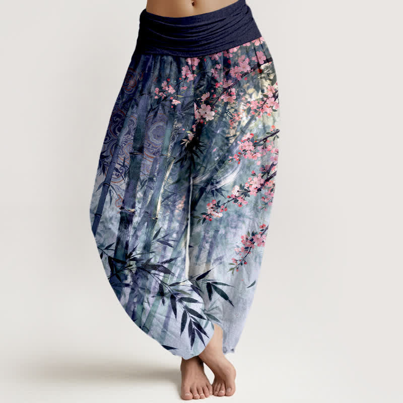 Buddha Stones Pantalon harem à taille élastique pour femme, en coton, bambou et motif fleurs de cerisier - Indigo - US16，UK/AU20，EU48 (3XL) - image 8