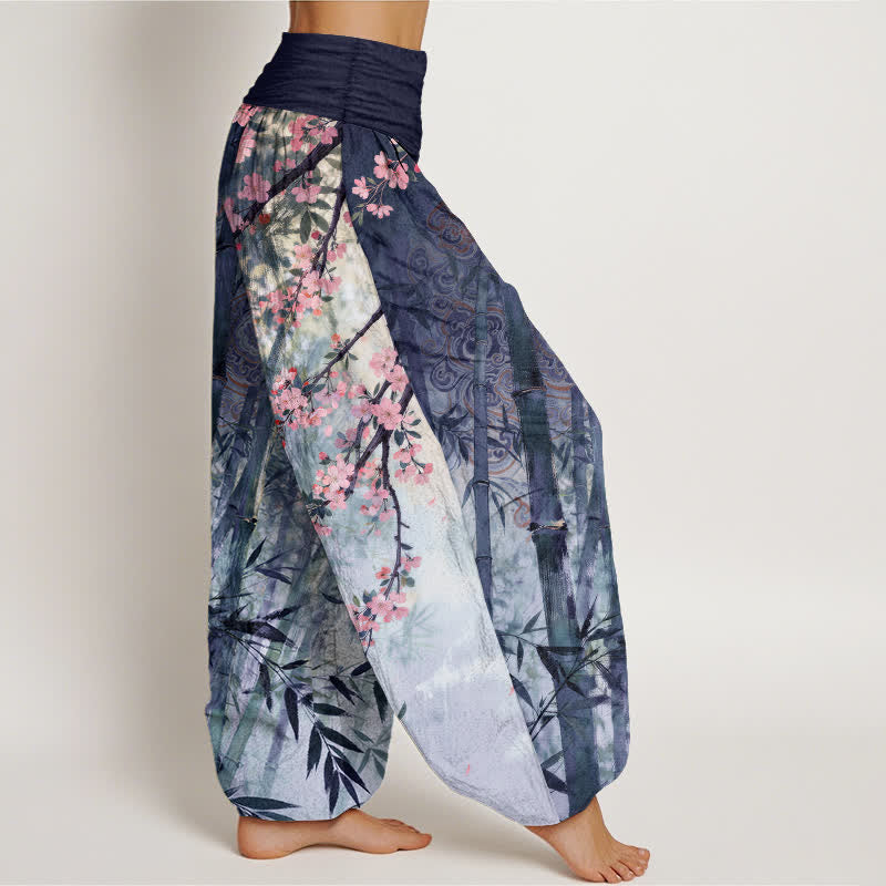 Buddha Stones Pantalon harem à taille élastique pour femme, en coton, bambou et motif fleurs de cerisier - image 9