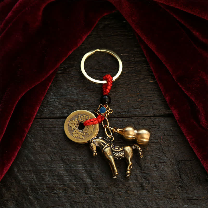 Buddha Stones Porte-clés en cuivre en forme de gourde, symboles de richesse et représentant les cinq empereurs du zodiaque chinois - Cheval - image 14