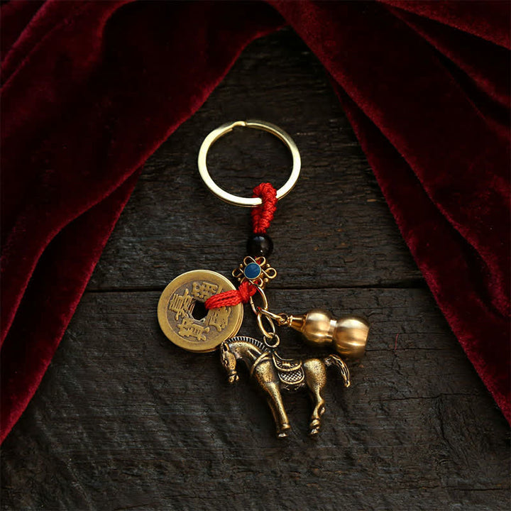 Buddha Stones Porte-clés en cuivre en forme de gourde, symboles de richesse et représentant les cinq empereurs du zodiaque chinois - Cheval - image 14