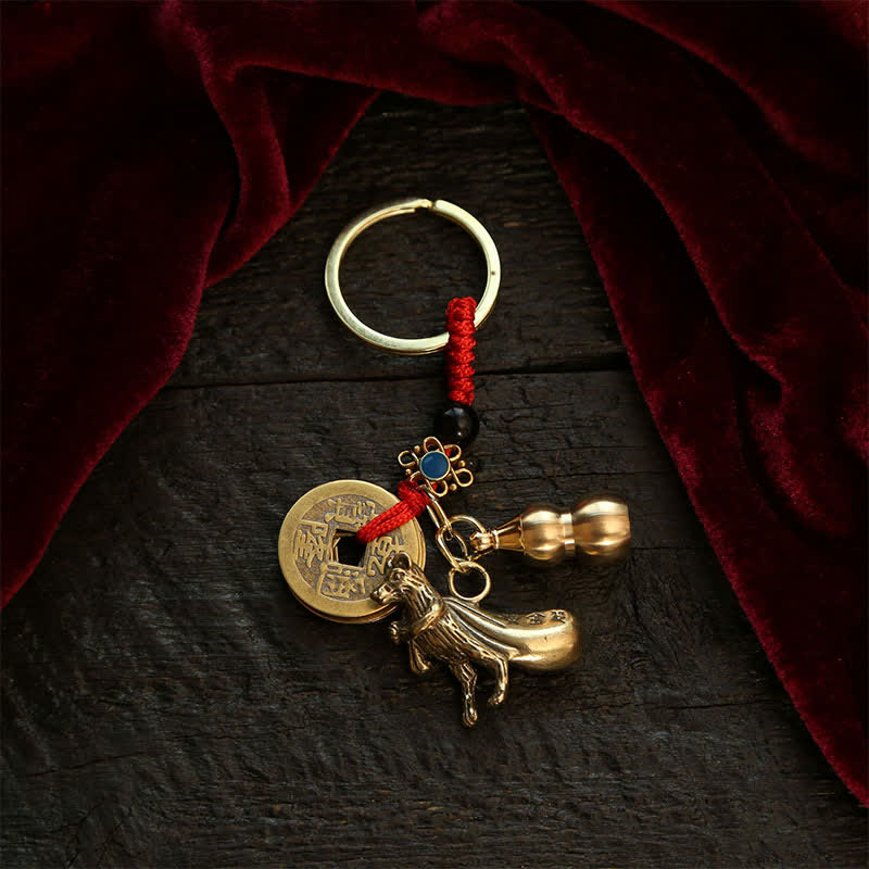 Buddha Stones Porte-clés en cuivre en forme de gourde, symboles de richesse et représentant les cinq empereurs du zodiaque chinois - Rat - image 1