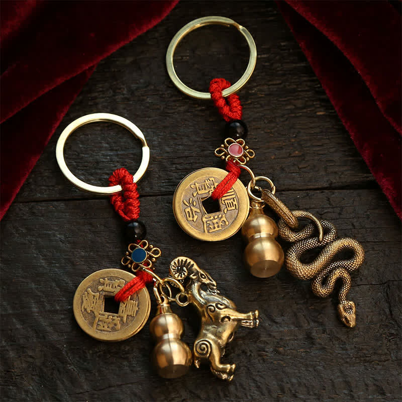 Buddha Stones Porte-clés en cuivre en forme de gourde, symboles de richesse et représentant les cinq empereurs du zodiaque chinois - image 22