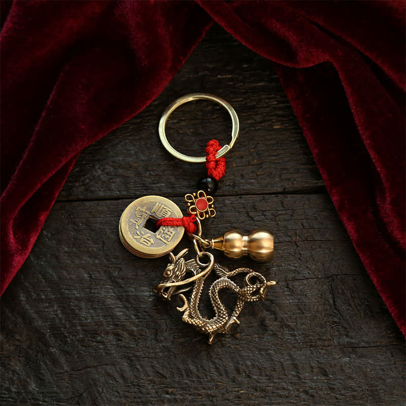Buddha Stones Porte-clés en cuivre en forme de gourde, symboles de richesse et représentant les cinq empereurs du zodiaque chinois - Dragon - image 12
