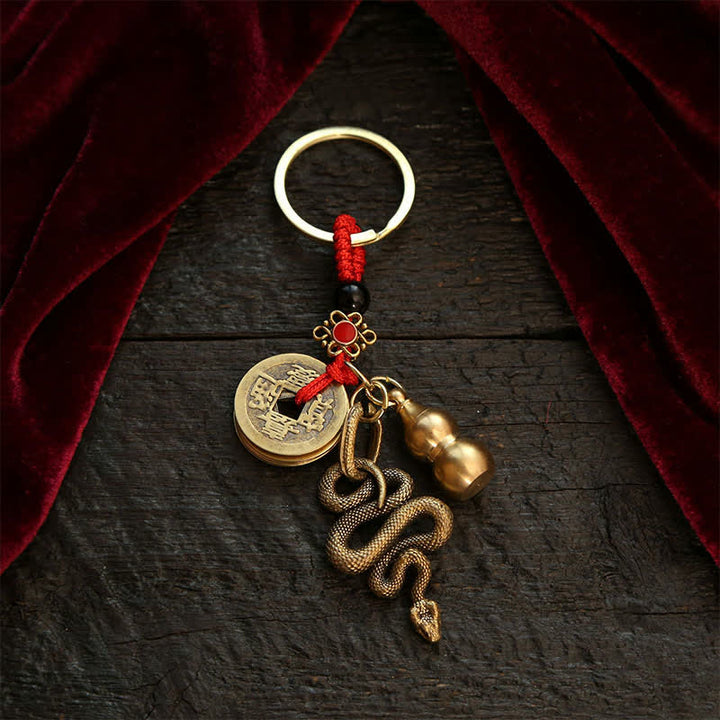 Buddha Stones Porte-clés en cuivre en forme de gourde, symboles de richesse et représentant les cinq empereurs du zodiaque chinois - Serpent - image 13