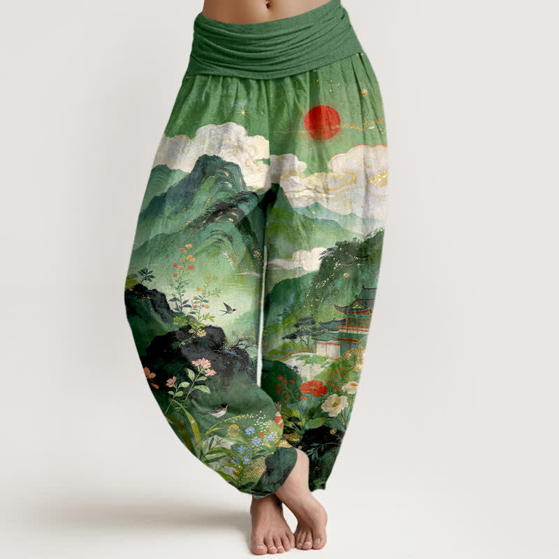 Buddha Stones Pantalon harem à taille élastique pour femme, motif soleil Cotton Mountain Pavilion - Vert d'eau - US16，UK/AU20，EU48 (3XL) - image 0