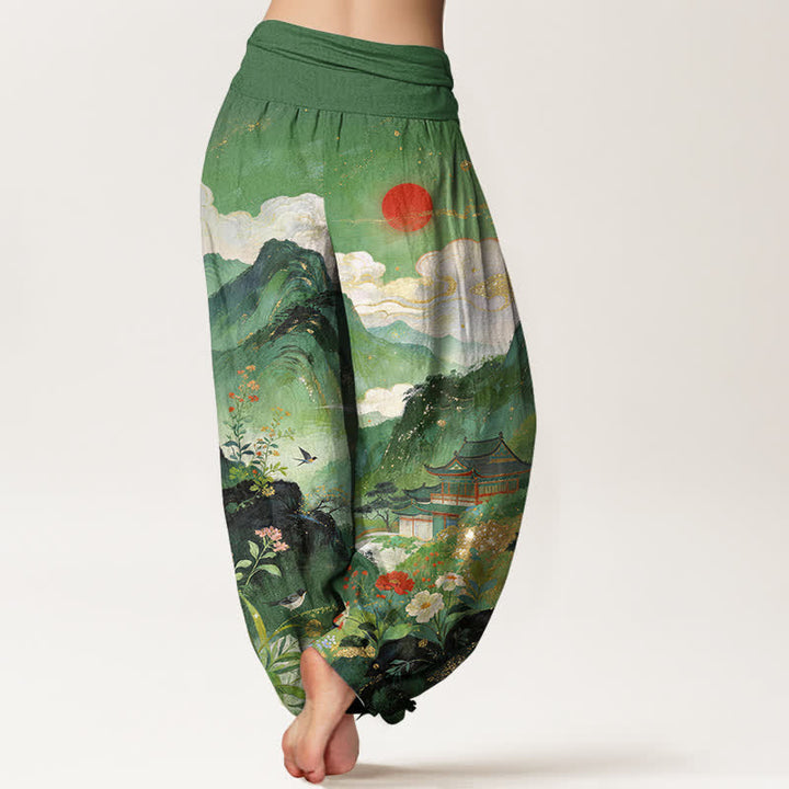 Buddha Stones Pantalon harem à taille élastique pour femme, motif soleil Cotton Mountain Pavilion - image 2