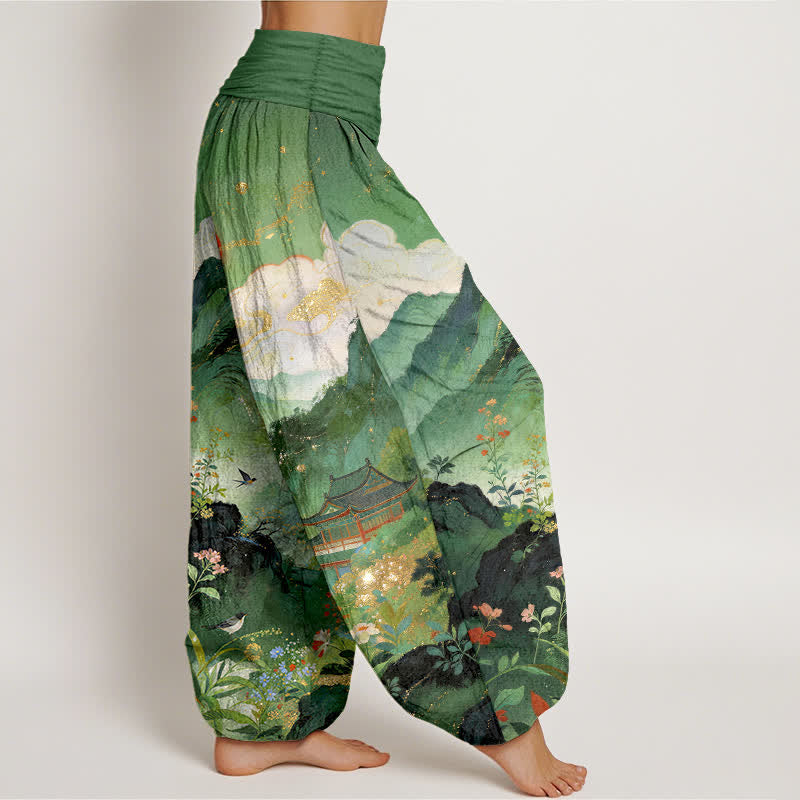 Buddha Stones Pantalon harem à taille élastique pour femme, motif soleil Cotton Mountain Pavilion - image 1