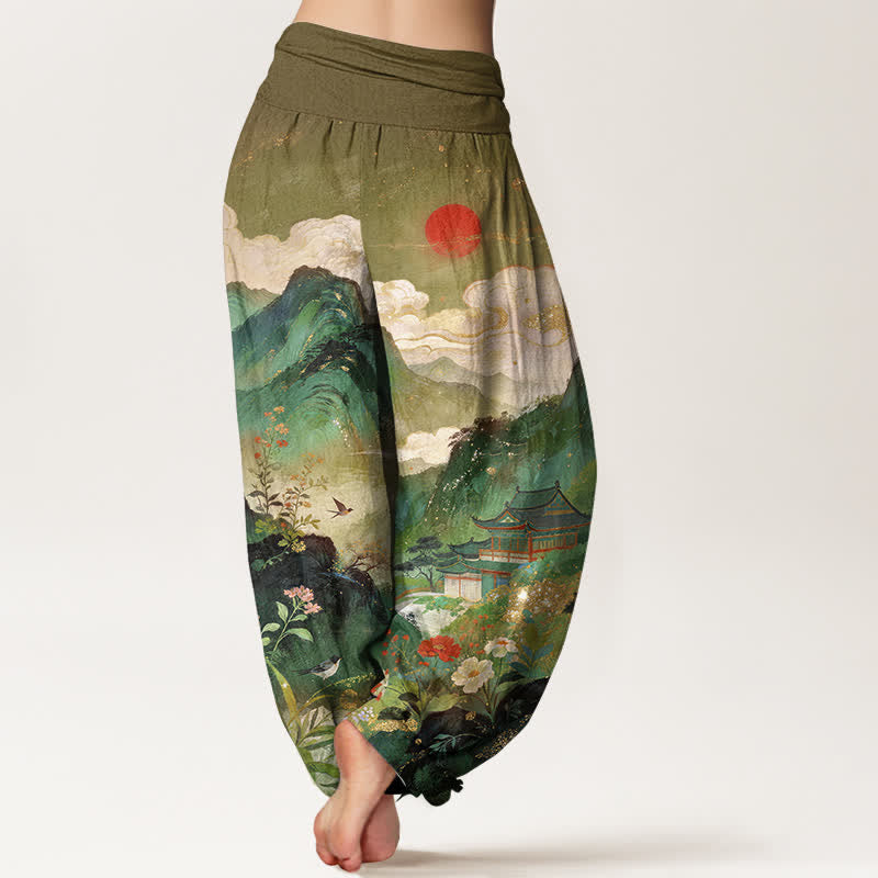 Buddha Stones Pantalon harem à taille élastique pour femme, motif soleil Cotton Mountain Pavilion - image 7