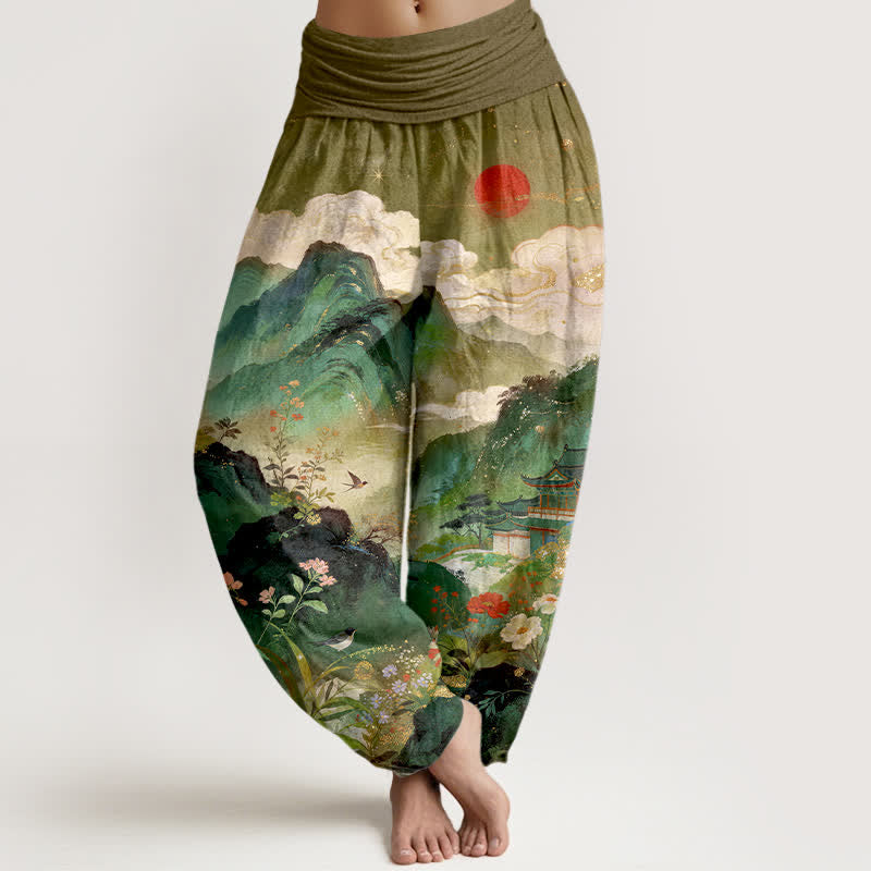 Buddha Stones Pantalon harem à taille élastique pour femme, motif soleil Cotton Mountain Pavilion - Olive - US16，UK/AU20，EU48 (3XL) - image 5