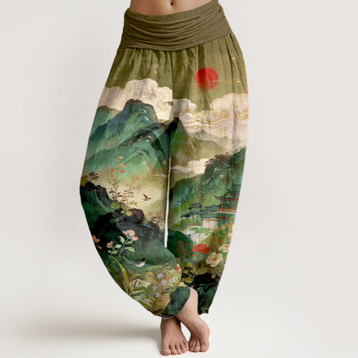 Buddha Stones Pantalon harem à taille élastique pour femme, motif soleil Cotton Mountain Pavilion - Olive - US16，UK/AU20，EU48 (3XL) - image 5