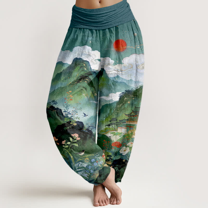 Buddha Stones Pantalon harem à taille élastique pour femme, motif soleil Cotton Mountain Pavilion - Sarcelle - US16，UK/AU20，EU48 (3XL) - image 8
