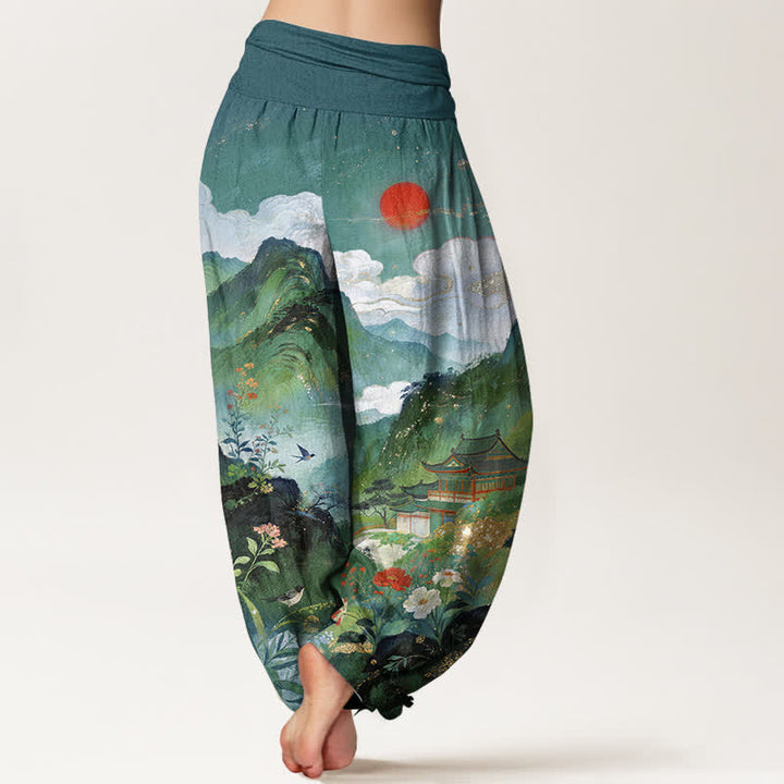 Buddha Stones Pantalon harem à taille élastique pour femme, motif soleil Cotton Mountain Pavilion - image 10