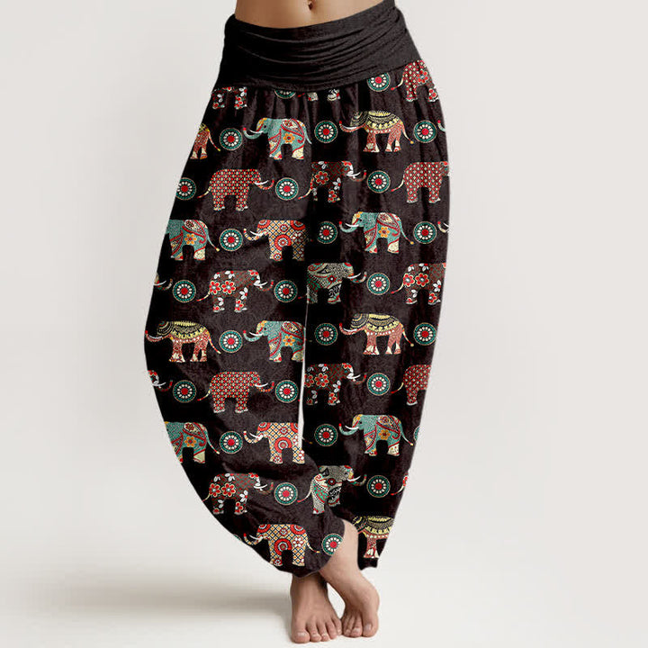 Buddha Stones Pantalon harem à taille élastique pour femme, motif mandala éléphant en coton - Noir - US16，UK/AU20，EU48 (3XL) - image 0