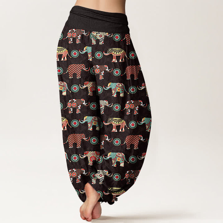 Buddha Stones Pantalon harem à taille élastique pour femme, motif mandala éléphant en coton - image 2