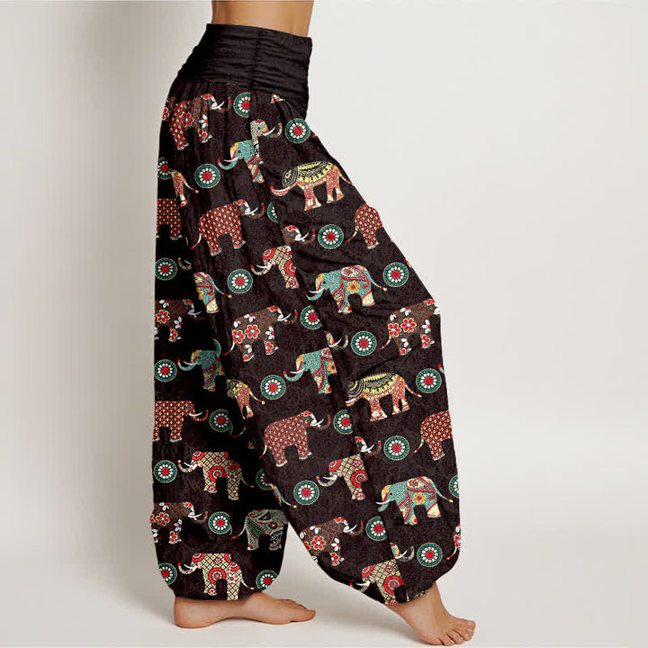 Buddha Stones Pantalon harem à taille élastique pour femme, motif mandala éléphant en coton - image 1