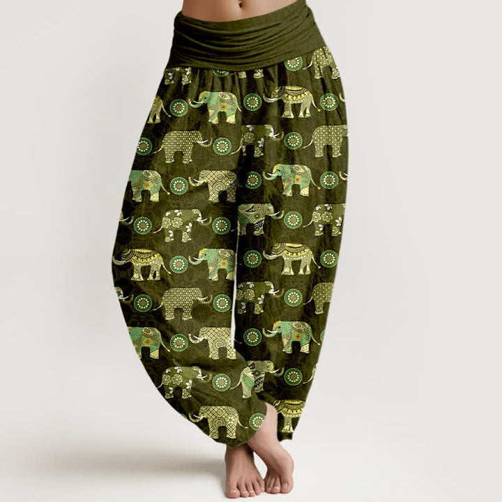 Buddha Stones Pantalon harem à taille élastique pour femme, motif mandala éléphant en coton - Vert olive foncé - US16，UK/AU20，EU48 (3XL) - image 5