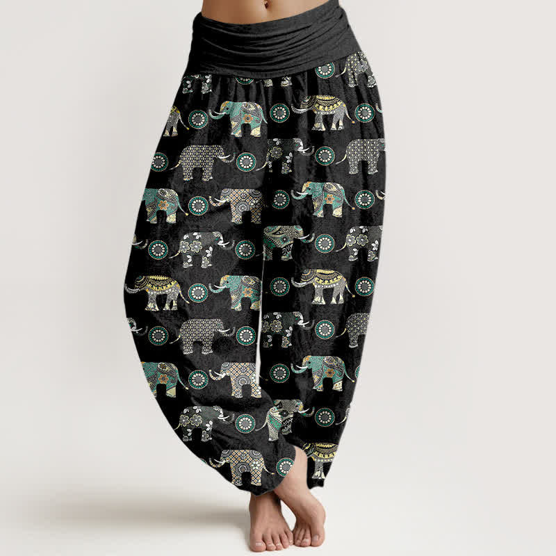 Buddha Stones Pantalon harem à taille élastique pour femme, motif mandala éléphant en coton - Gris ardoise - US16，UK/AU20，EU48 (3XL) - image 8