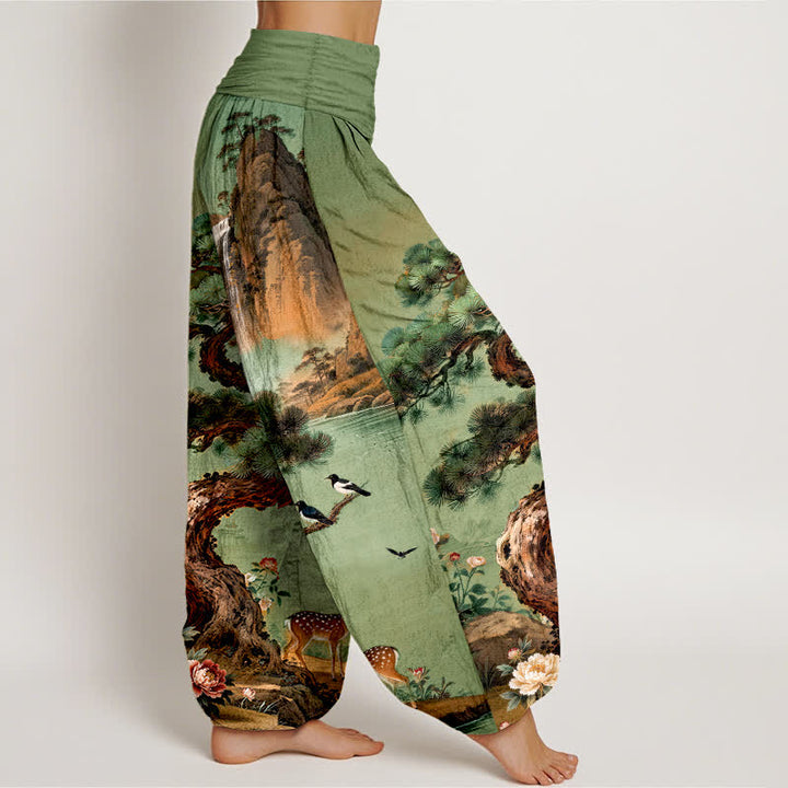 Buddha Stones Pantalon harem à taille élastique pour femme, motif cerf et pin de Cotton Mountain - image 1