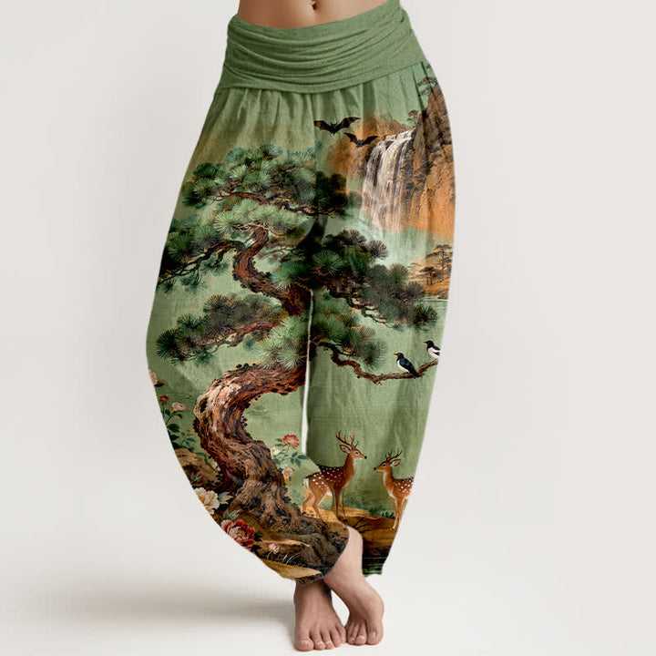 Buddha Stones Pantalon harem à taille élastique pour femme, motif cerf et pin de Cotton Mountain - Vert d'eau - US16，UK/AU20，EU48 (3XL) - image 0
