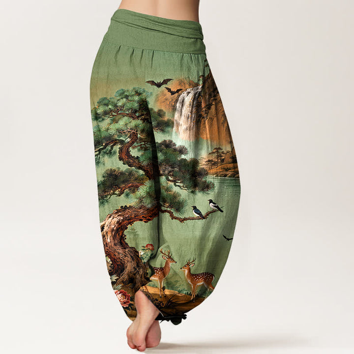 Buddha Stones Pantalon harem à taille élastique pour femme, motif cerf et pin de Cotton Mountain - image 2
