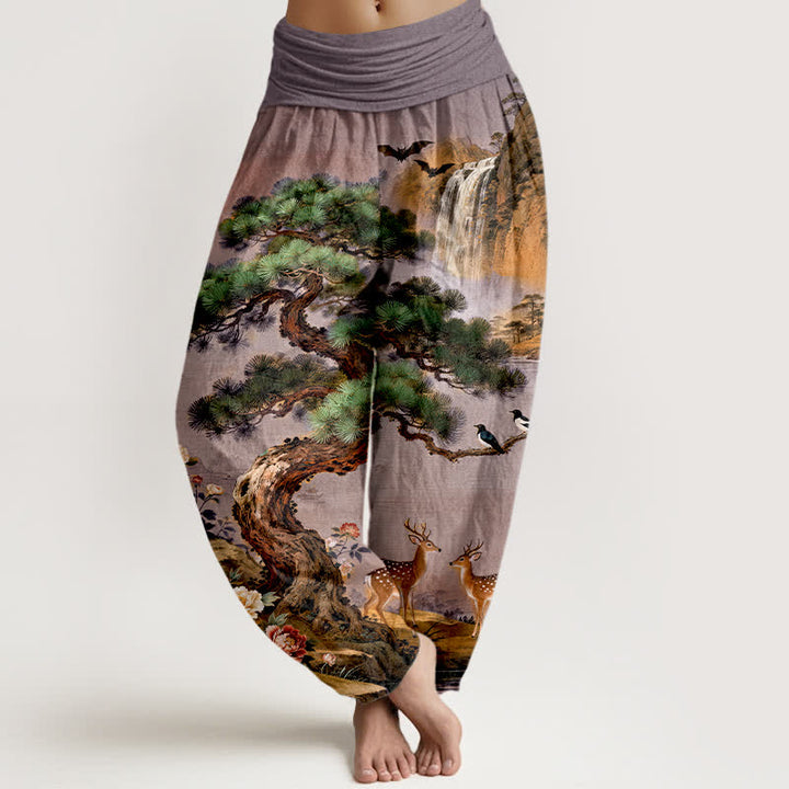 Buddha Stones Pantalon harem à taille élastique pour femme, motif cerf et pin de Cotton Mountain - Indigo - US16，UK/AU20，EU48 (3XL) - image 5