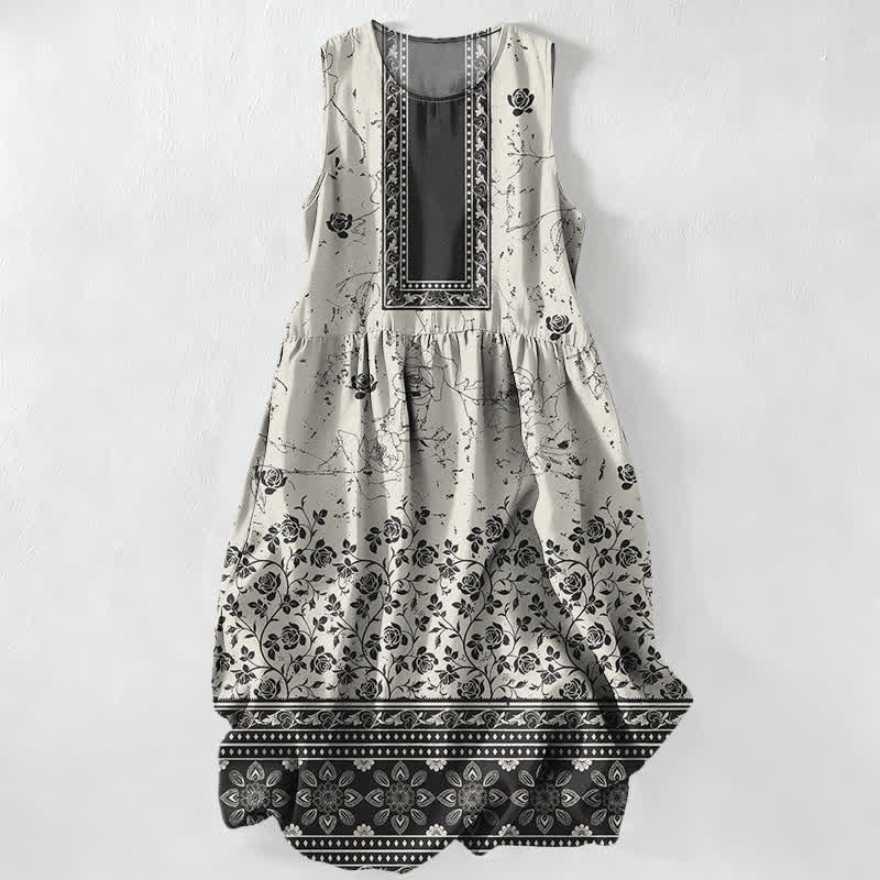 Buddha Stones Robe midi d'été décontractée pour femme, à motif floral vintage et sans manches, avec poches - Ivoire - US16，UK/AU20，EU48 (3XL) - image 0
