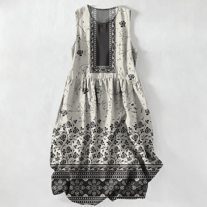 Buddha Stones Robe midi d'été décontractée pour femme, à motif floral vintage et sans manches, avec poches - Ivoire - US16，UK/AU20，EU48 (3XL) - image 0